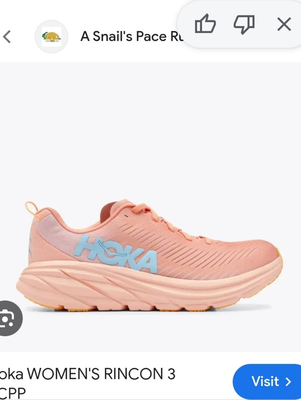 Hoka Rincon 3  Peach Running Shoe with Light Blue Logo Size 5.5 Womens